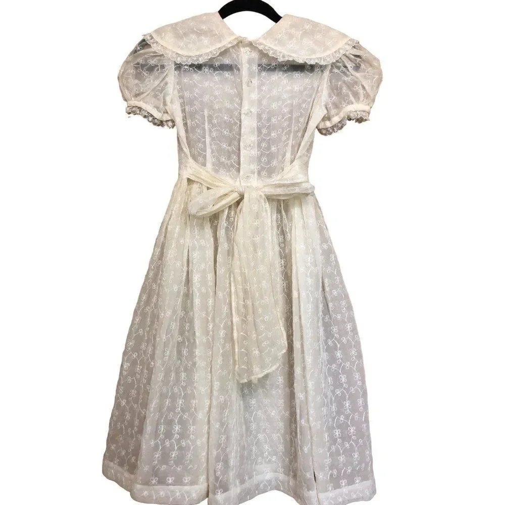 Vintage White Lace Dress Embroidered Semi Sheer Short Sleeve Girls Size 8-10